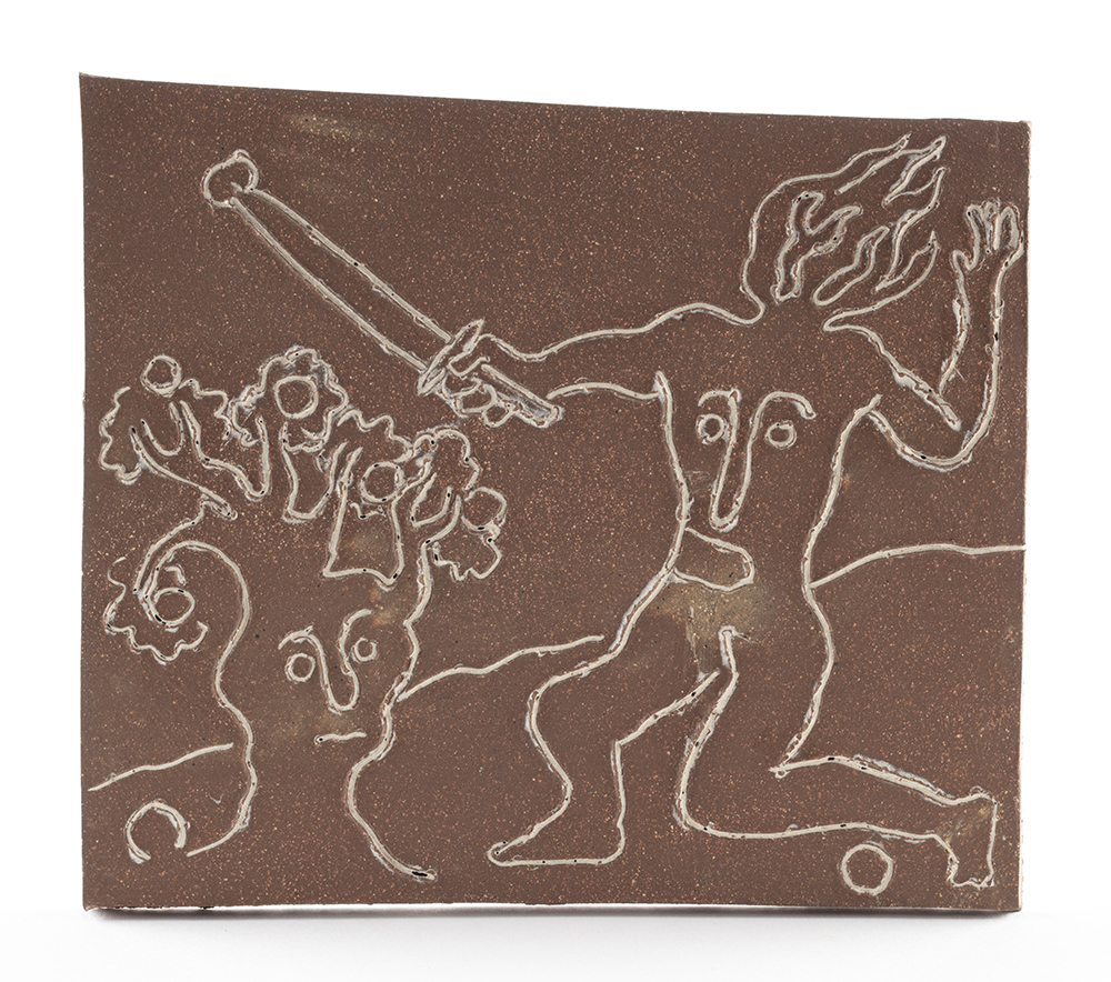Kevin McNamee-Tweed. <em>Figure with Sword Taking Fruits from Tree</em>, 2022. Glazed ceramic, 4 3/4 x 5 1/4 inches (12.1 x 13.3 cm)