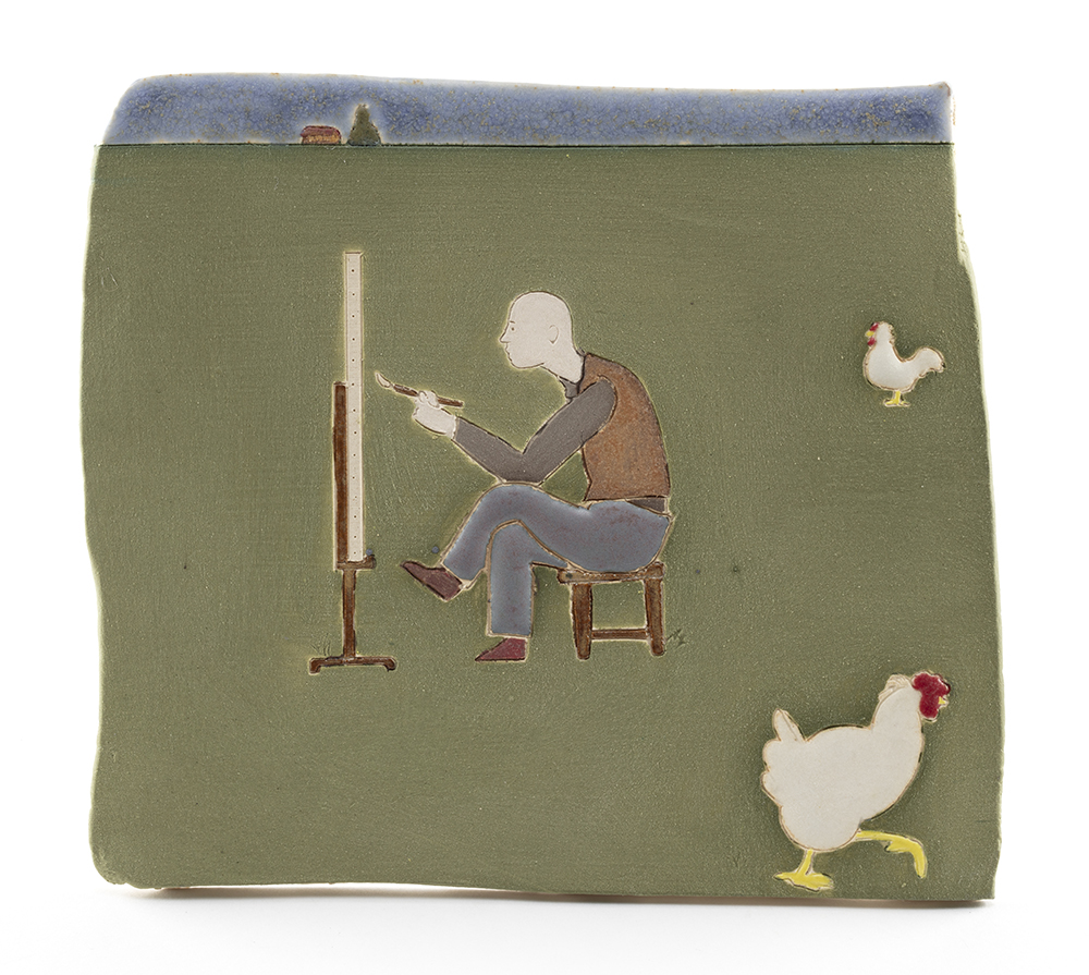 Kevin McNamee-Tweed. <em>Plein Air with the Chickens</em>, 2022. Glazed ceramic, 6 1/2 x 7 inches (16.5 x 17.8 cm)