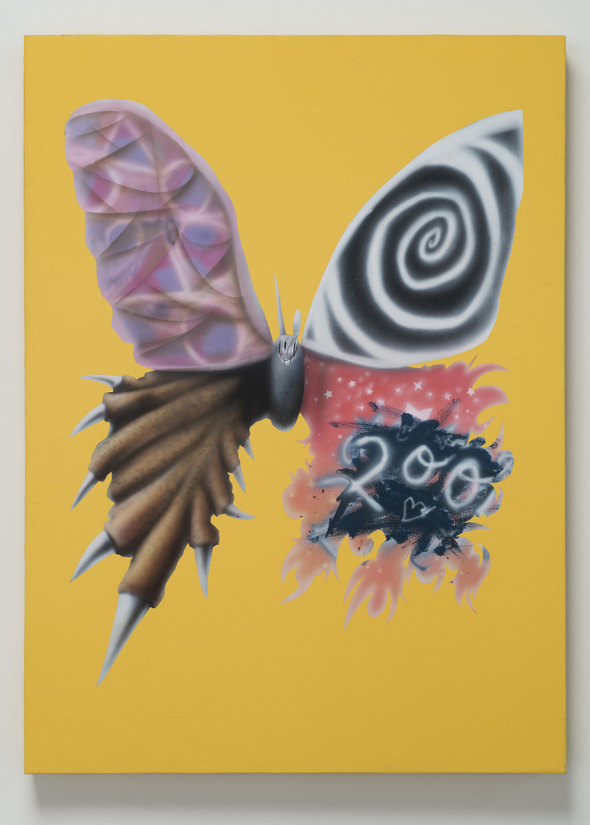 Zachary Ochoa. <em>AMERICAN SUNSHINE/BUTTERFLY MIRROR 2004</em>, 2022. Acrylic on canvas, 52 x 38 inches (132.1 x 96.5 cm)