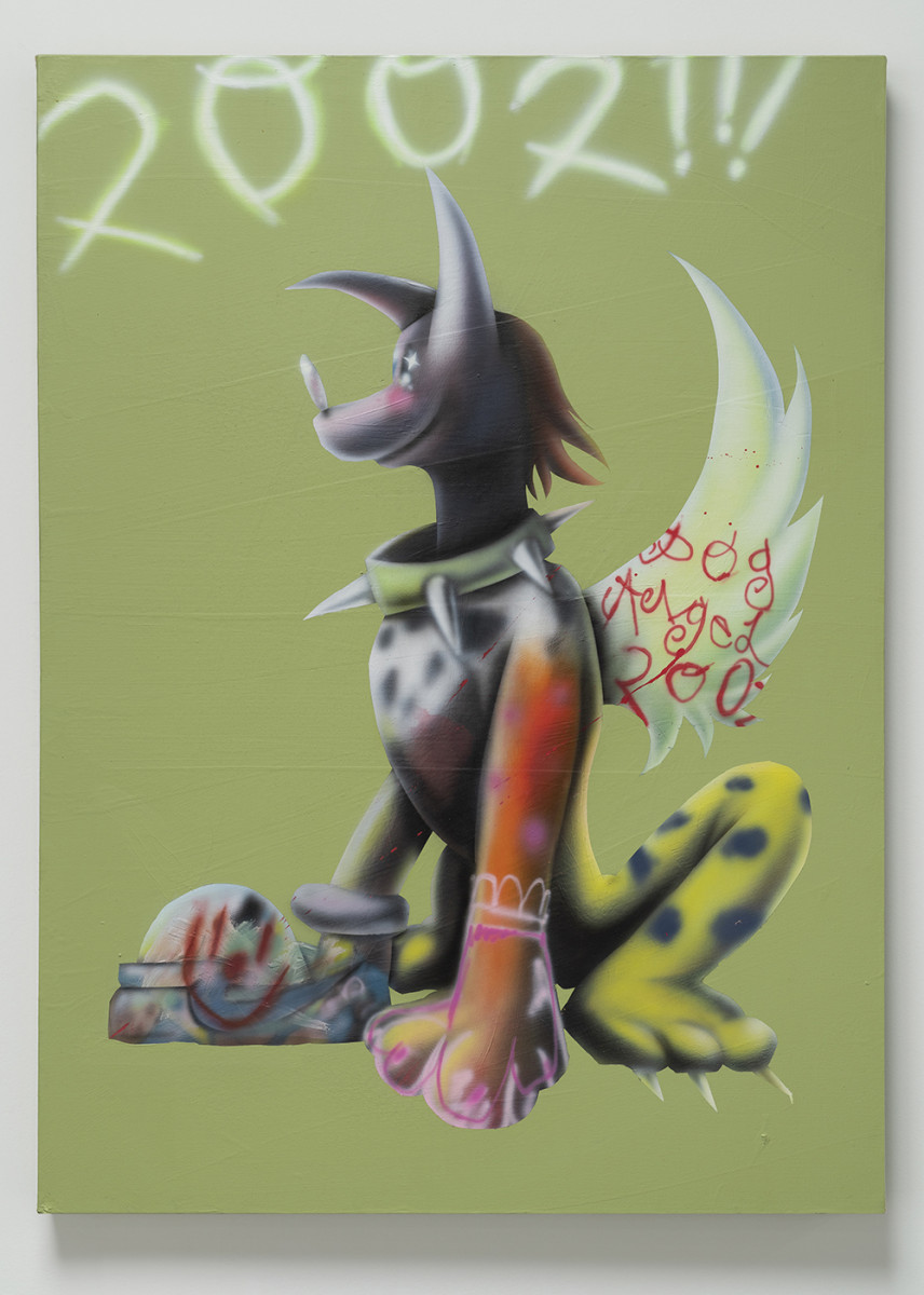 Zachary Ochoa. <em>MAGIC DOG TOON WORLD/CURSED ANGEL 2004</em>, 2022. Acrylic on canvas, 52 x 38 inches (132.1 x 96.5 cm)