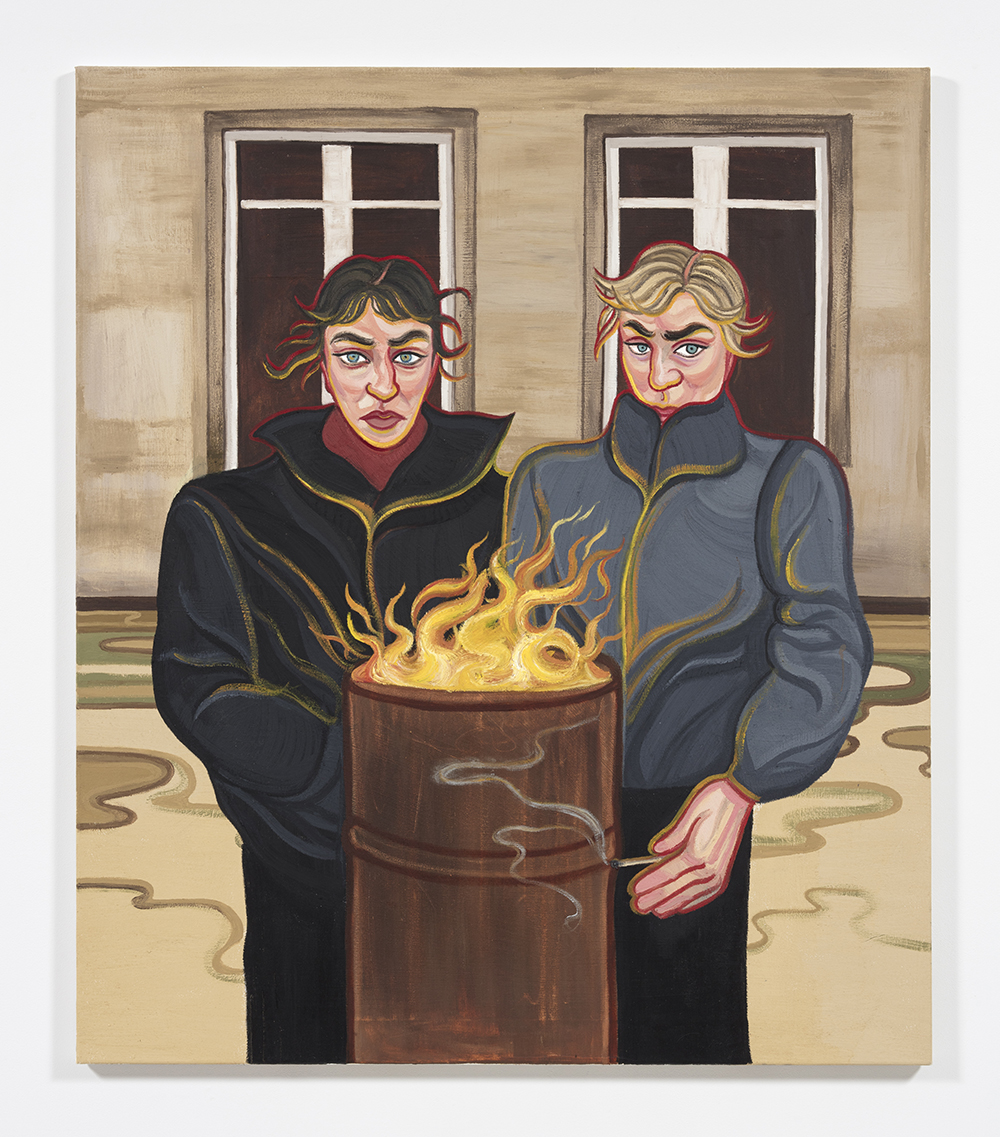 Ania Hobson. <em>Burning Barrel</em>, 2022. Oil on canvas, 55 1/8 x 47 1/4 inches (140 x 120 cm)