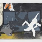 Shadi Al-Atallah Sweaty eyes on a hot summer’s day, 2022 Acrylic, oil pastel, charcoal and pencil on canvas 55 1/8 x 72 inches  (140 x 183 cm)