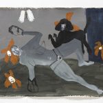 Shadi Al-Atallah. <em>Predator and Pray</em>, 2022. Acrylic, oil pastel, charcoal and pencil on canvas, 55 1/8 x 72 inches (140 x 183 cm)