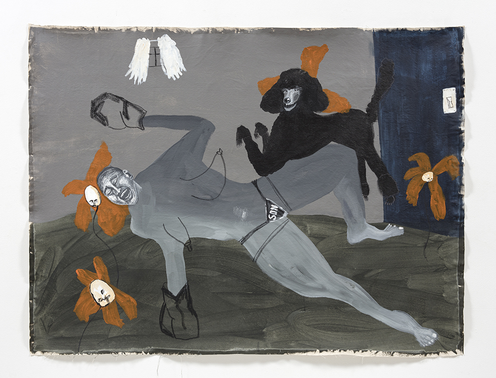 Shadi Al-Atallah. <em>Predator and Pray</em>, 2022. Acrylic, oil pastel, charcoal and pencil on canvas, 55 1/8 x 72 inches (140 x 183 cm)
