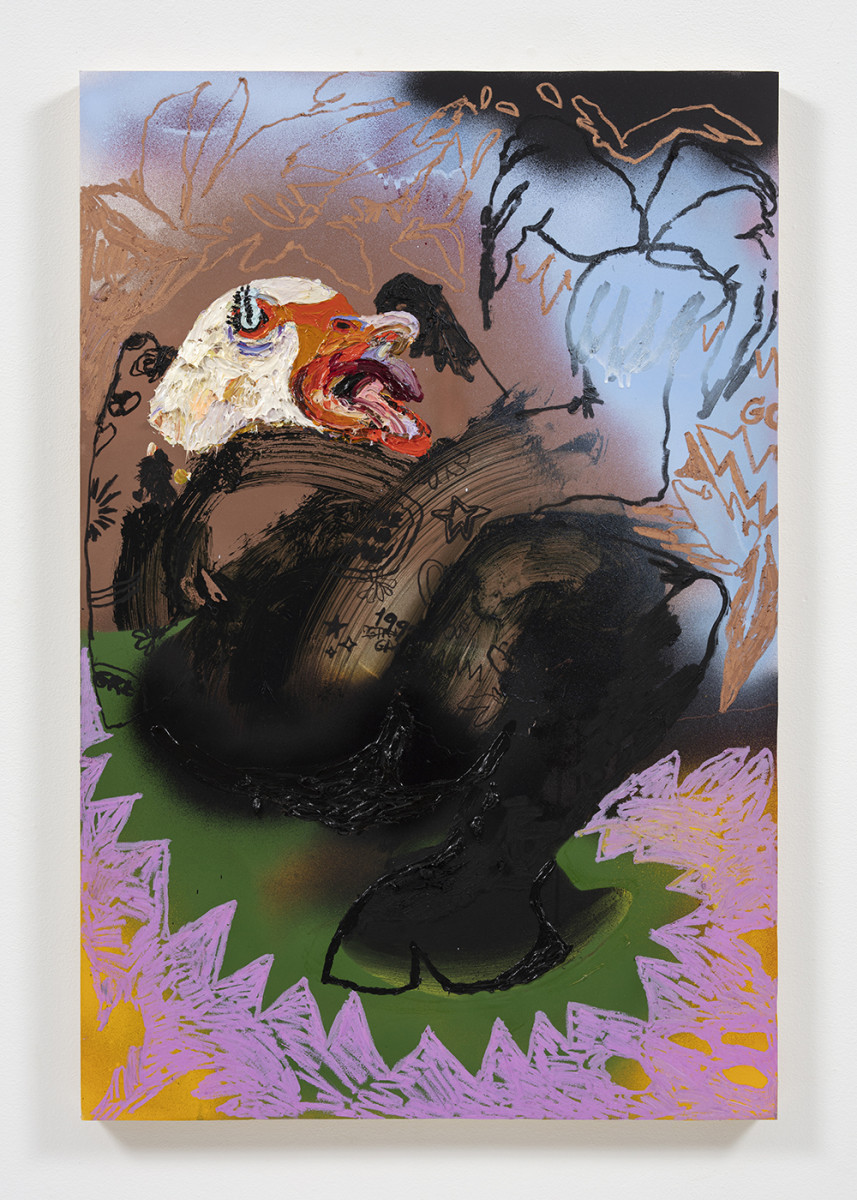 Bianca Fields. <em>Blameworthy Feet</em>, 2021. Acrylic, oil and spray paint on yupo paper mounted on panel, 36 x 24 inches (91.4 x 61 cm)