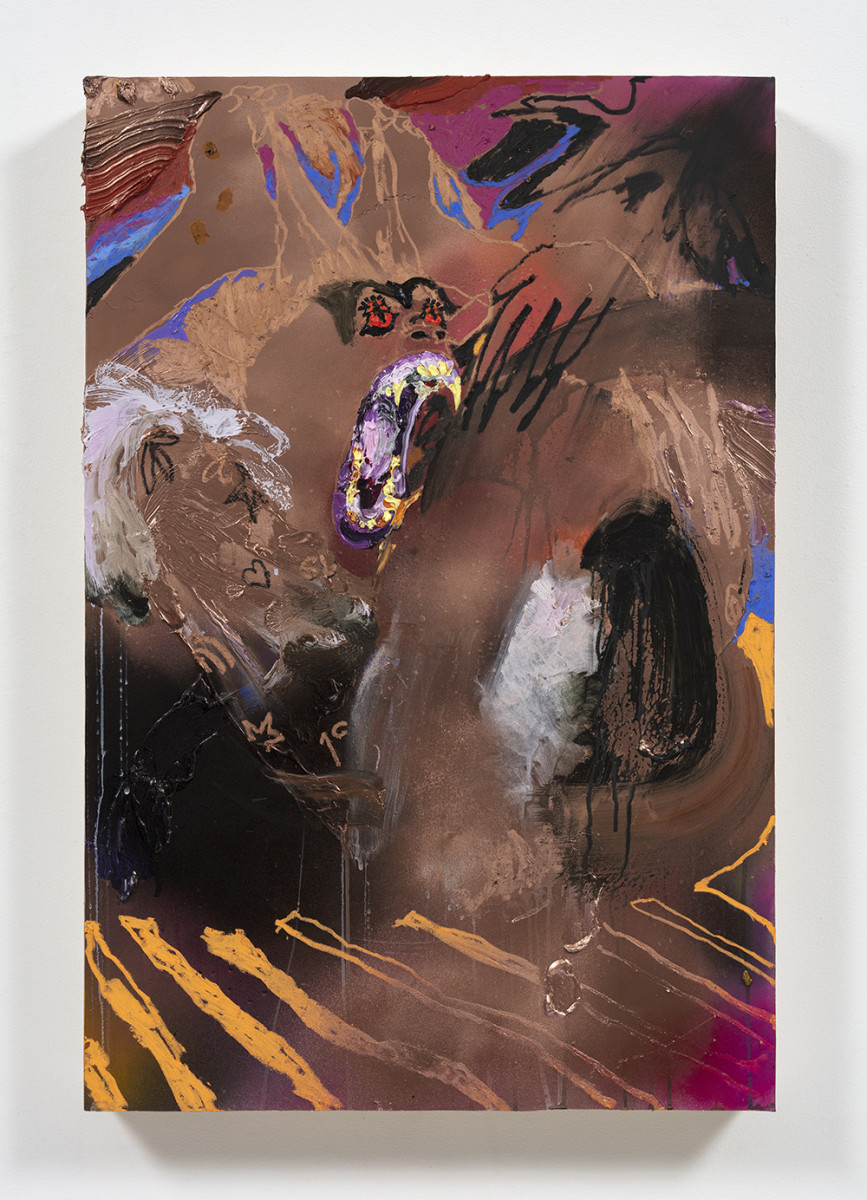 Bianca Fields. <em>Tues. Treatment</em>, 2022. Acrylic, oil and spray paint on yupo paper mounted on panel, 36 x 24 inches (91.4 x 61 cm)