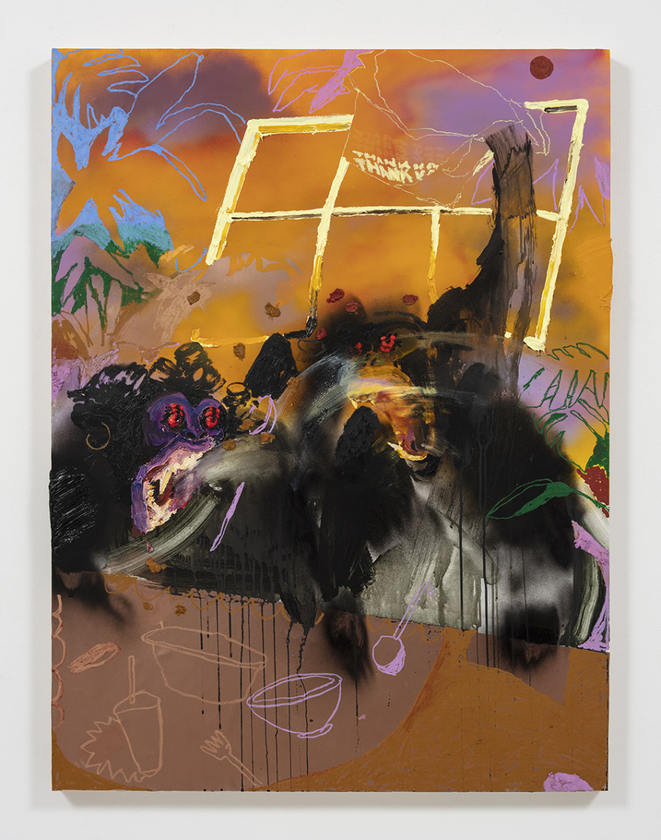 Bianca Fields. <em>Out of her Bag</em>, 2022. Acrylic, oil and spray paint on yupo paper mounted on panel, 48 x 36 inches (121.9 x 91.4 cm)