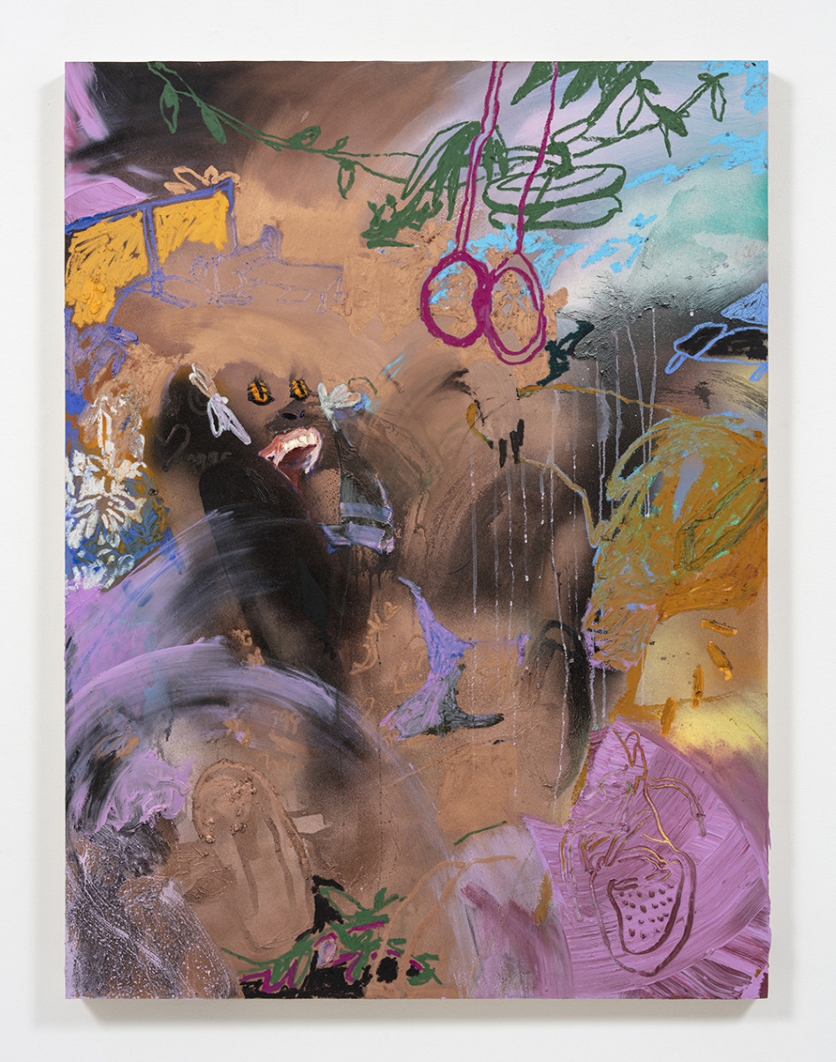Bianca Fields. <em>Retention of Suspension</em>, 2022. Acrylic, oil and spray paint on yupo paper mounted on panel, 48 x 36 inches (121.9 x 91.4 cm)
