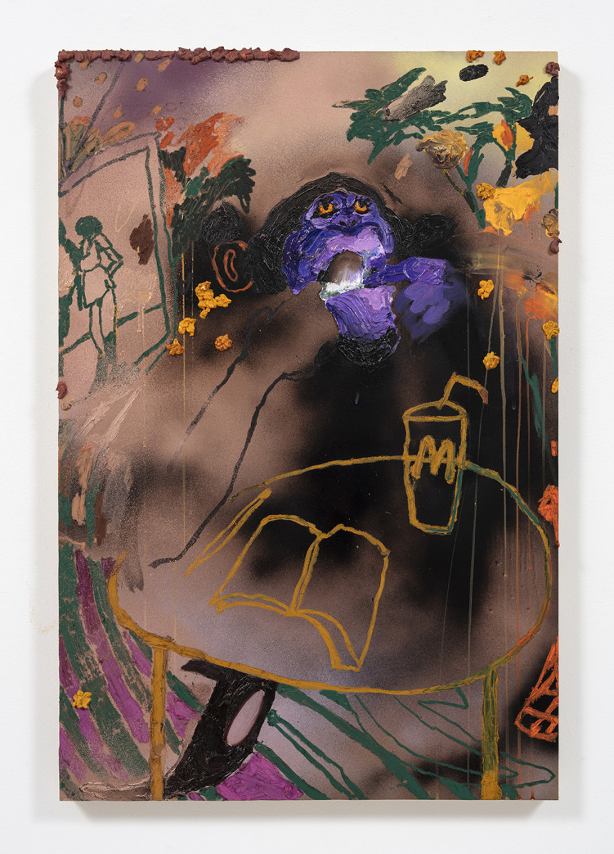 Bianca Fields. <em>nana's boo-boo</em>, 2022. Acrylic, oil and spray paint on yupo paper mounted on panel, 36 x 24 inches (91.4 x 61 cm)