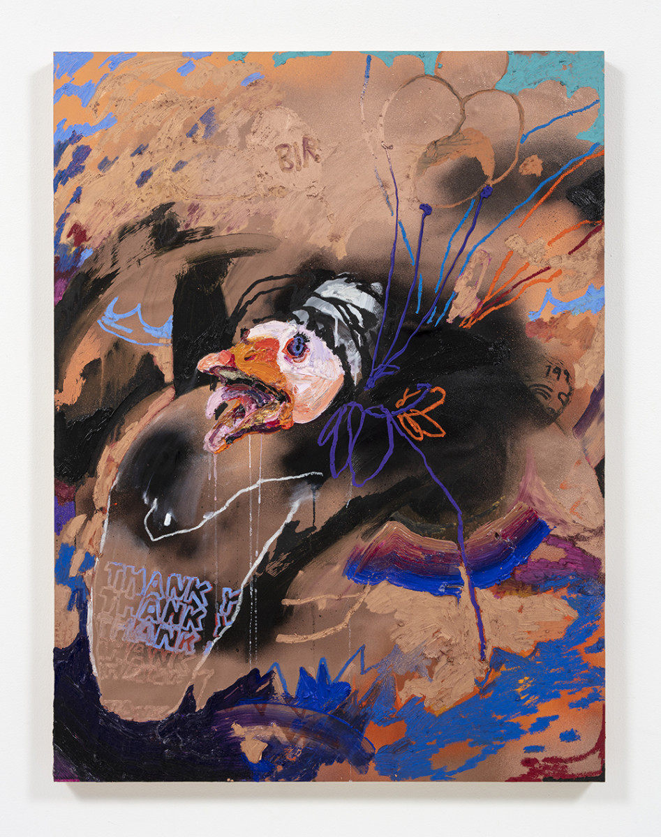 Bianca Fields. <em>Yacked</em>, 2022. Acrylic, oil and spray paint on yupo paper mounted on panel, 40 x 30 inches (101.6 x 76.2 cm)