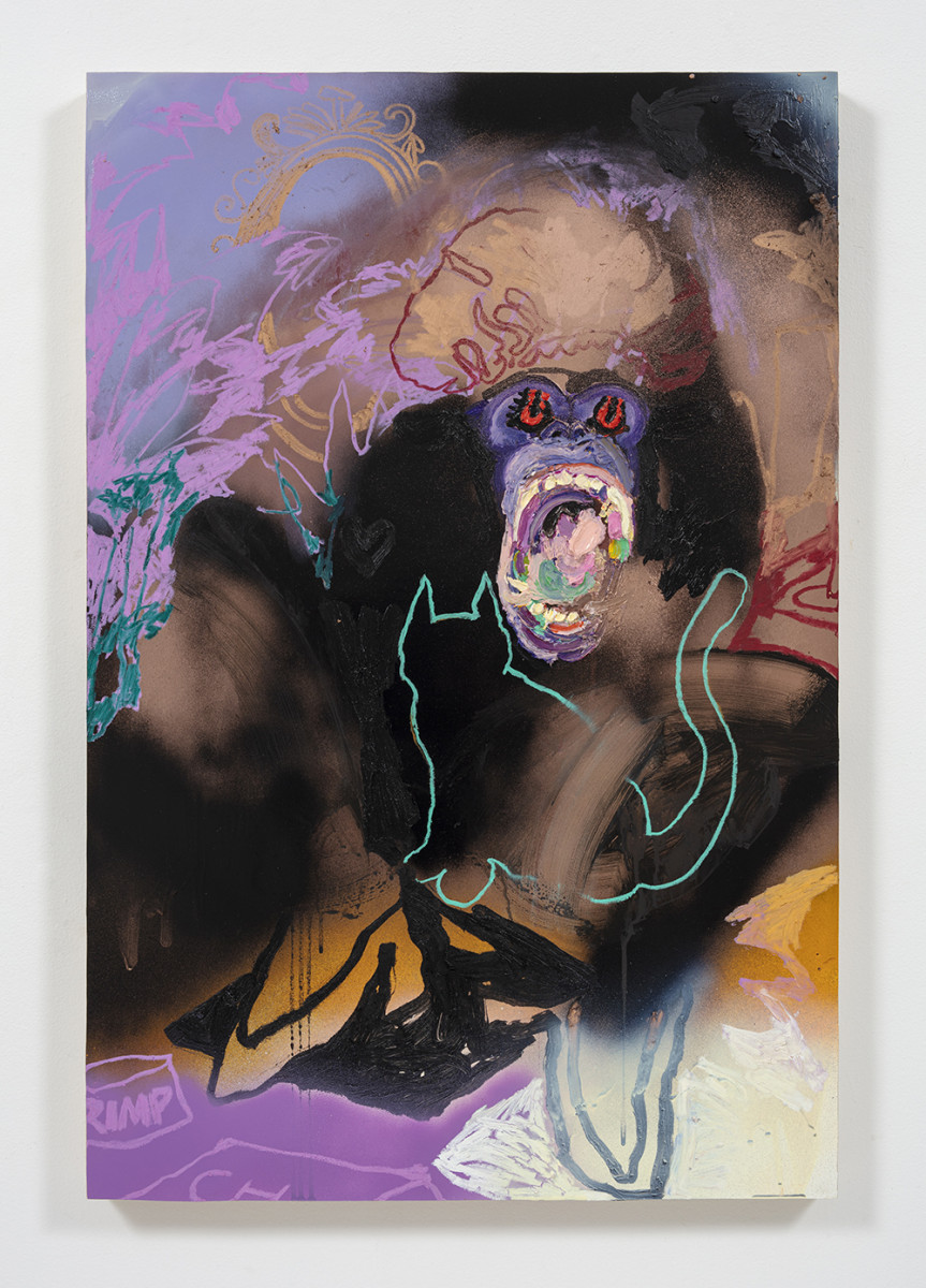 Bianca Fields. <em>Posing for Moofie</em>, 2022. Acrylic, oil and spray paint on yupo paper mounted on panel, 36 x 24 inches (91.4 x 61 cm)