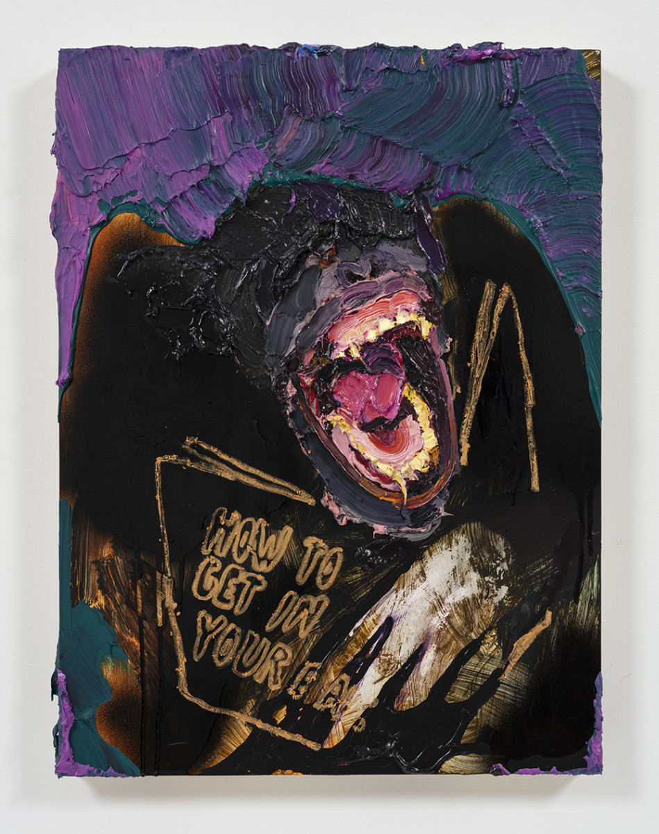 Bianca Fields. <em>Grip Getting</em>, 2022. Acrylic, oil and spray paint on yupo paper mounted on panel, 24 x 18 inches (61 x 45.7 cm)