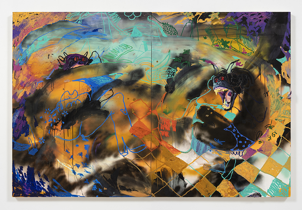 Bianca Fields. <em>I told you, you wasn't gone b in the mood</em>, 2022. Acrylic, oil and spray paint on yupo paper mounted on panel, 48 x 72 inches (121.9 x 182.9 cm)