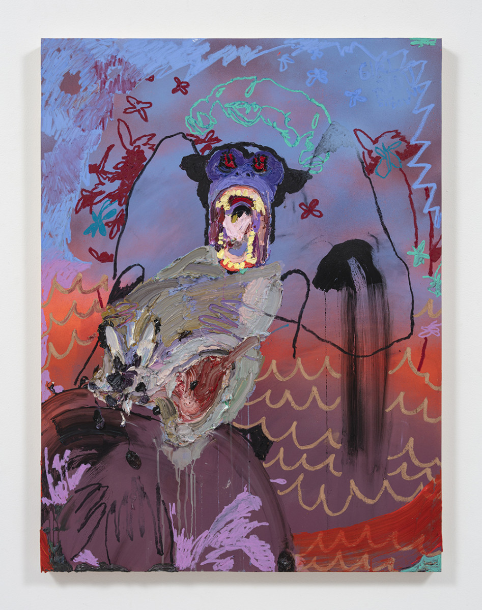 Bianca Fields. <em>Hold My Purse</em>, 2022. Acrylic, oil and spray paint on yupo paper mounted on panel, 40 x 30 inches (101.6 x 76.2 cm)