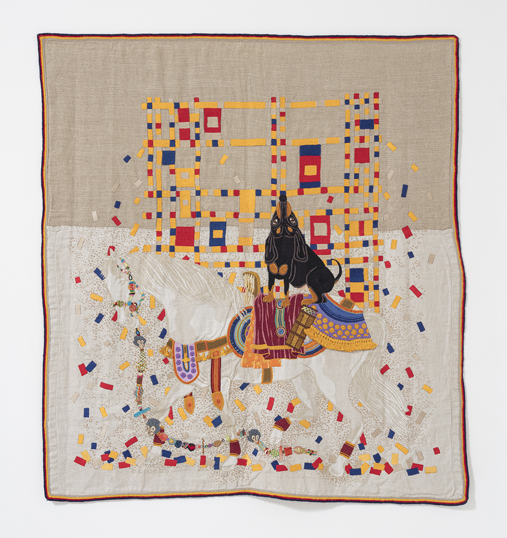 Chiachio & Giannone. <em>Piolín Boogie Woogie</em>, 2012. Hand embroidery with cotton threads, silk, rayon and jewelry effect on Hermés linen towel, 60 5/8 x 55 7/8 inches (154 x 142 cm)