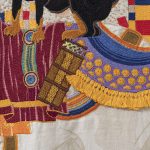 Chiachio & Giannone. <em>Piolín Boogie Woogie</em>, 2012. Hand embroidery with cotton threads, silk, rayon and jewelry effect on Hermés linen towel, 60 5/8 x 55 7/8 inches (154 x 142 cm) Detail