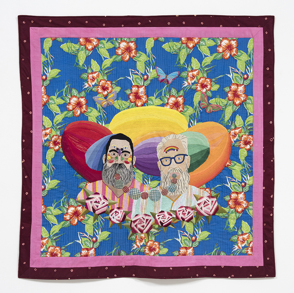Chiachio & Giannone. <em>Retrato con rosas</em>, 2022. Hand embroidery with cotton threads, patchwork and quilt on fabric, 59 7/8 x 58 5/8 inches (152 x 149 cm)