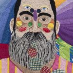 Chiachio & Giannone. <em>Retrato con rosas</em>, 2022. Hand embroidery with cotton threads, patchwork and quilt on fabric, 59 7/8 x 58 5/8 inches (152 x 149 cm) Detail