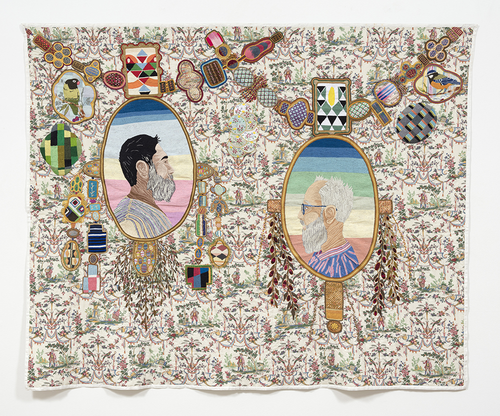 Chiachio & Giannone. <em>Conversación sobre arte</em>, 2022. Hand embroidery with cotton threads and Toile de Jouy fabric on quilt, 64 5/8 x 78 3/4 inches (164 x 200 cm)