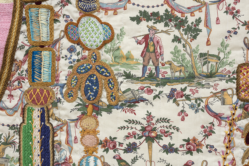 Chiachio & Giannone. <em>Conversación sobre arte</em>, 2022. Hand embroidery with cotton threads and Toile de Jouy fabric on quilt, 64 5/8 x 78 3/4 inches (164 x 200 cm) Detail