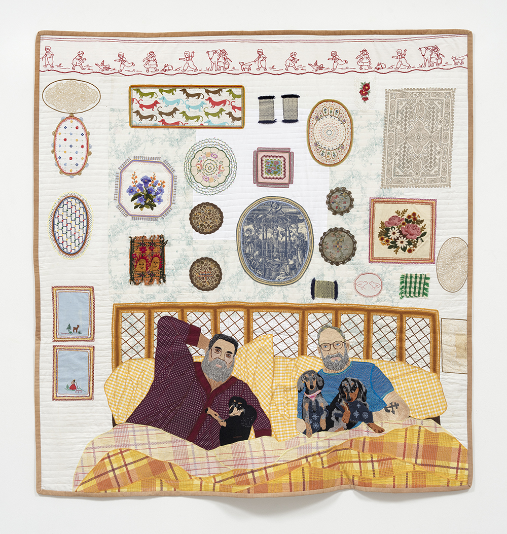 Chiachio & Giannone. <em>Coleccionistas de trapos</em>, 2022. Hand embroidery with cotton threads, patchwork and textiles on quilt, 82 5/8 x 74 3/4 inches (210 x 190 cm)