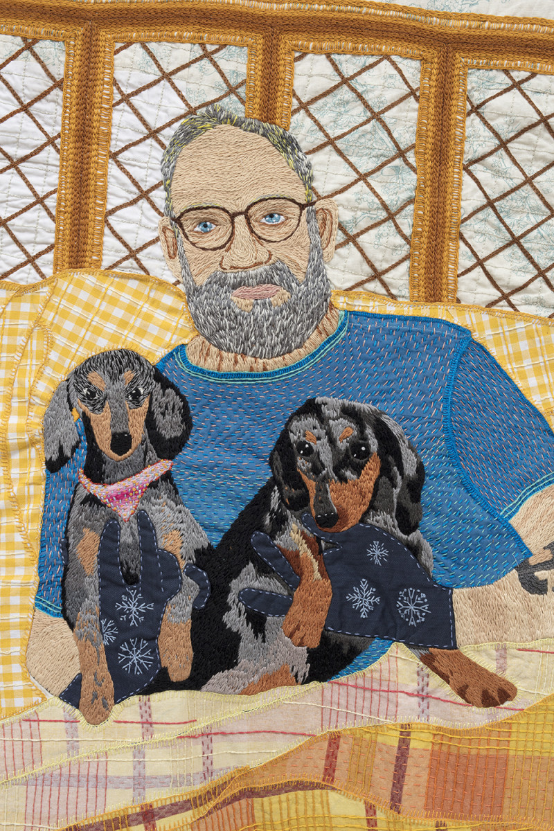 Chiachio & Giannone. <em>Coleccionistas de trapos</em>, 2022. Hand embroidery with cotton threads, patchwork and textiles on quilt, 82 5/8 x 74 3/4 inches (210 x 190 cm) Detail