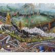 Kate Klingbeil. <em>Willow Tree Finds A Way</em>, 2022. Acrylic, pigment, watercolor, vinyl paint, sand, pumice, crushed garnet, paper clay, paper, glass, shells, found objects from Dead Horse Bay and Manhattan (balloons, toothbrush, walnut shell, tile, plastic toys, nail polish bottles), rocks from Lake Michigan, ceramic and oil stick on canvas, 87 x 152 1/4 x 3 inches (221 x 386.7 x 7.6 cm) thumbnail