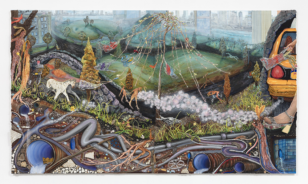 Kate Klingbeil. <em>Willow Tree Finds A Way</em>, 2022. Acrylic, pigment, watercolor, vinyl paint, sand, pumice, crushed garnet, paper clay, paper, glass, shells, found objects from Dead Horse Bay and Manhattan (balloons, toothbrush, walnut shell, tile, plastic toys, nail polish bottles), rocks from Lake Michigan, ceramic and oil stick on canvas, 87 x 152 1/4 x 3 inches (221 x 386.7 x 7.6 cm)