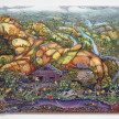 Kate Klingbeil. <em>Happy Trails</em>, 2022. Acrylic, pigment, watercolor, vinyl paint, sand, pumice, crushed garnet, paper clay, shells, glass, found objects from Dead Horse Bay, driftwood, rocks and bricks from Lake Michigan, ceramic, selenite and oil stick on canvas, 75 x 88 1/2 x 3 inches(190.5 x 224.8 x 7.6 cm) thumbnail