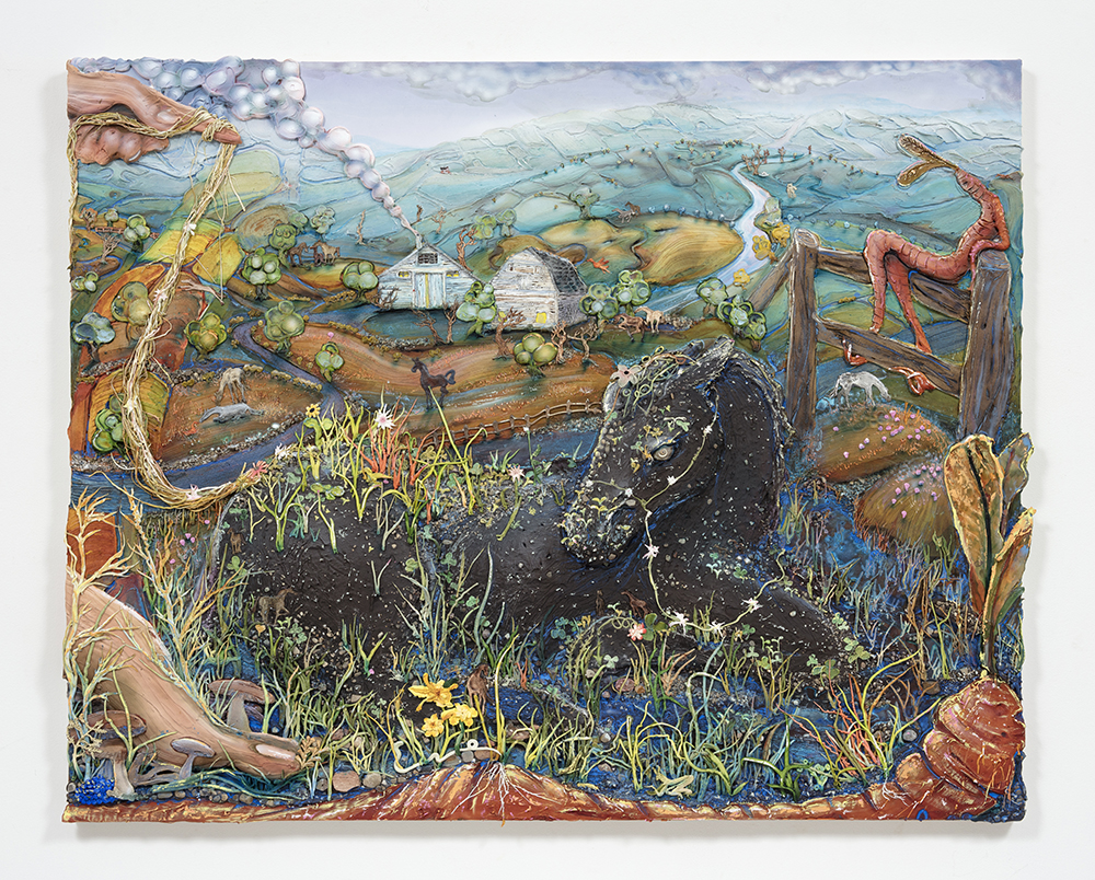 Kate Klingbeil. <em>Dirt Pony</em>, 2022. Acrylic, pigment, watercolor, vinyl paint, sand, pumice, crushed garnet, rocks from Lake Michigan, shell and oil stick on canvas, 47 1/4 x 60 1/2 x 2 inches (120 x 153.7 x 5.1 cm)