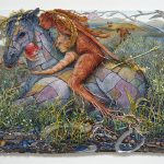 Kate Klingbeil. <em>Horse Girl And The Temptation of Stillness</em>, 2022. Acrylic, pigment, watercolor, vinyl paint, sand, pumice, glass, mica, rocks from Lake Michigan, paper clay, brick, found objects, shells and oil stick on canvas, 56 1/2 x 72 x 2 1/2 inches (143.5 x 182.9 x 6.4 cm)
