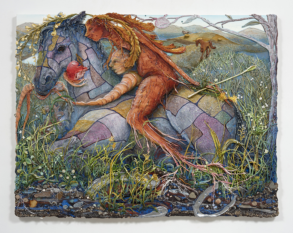 Kate Klingbeil. <em>Horse Girl And The Temptation of Stillness</em>, 2022. Acrylic, pigment, watercolor, vinyl paint, sand, pumice, glass, mica, rocks from Lake Michigan, paper clay, brick, found objects, shells and oil stick on canvas, 56 1/2 x 72 x 2 1/2 inches (143.5 x 182.9 x 6.4 cm)