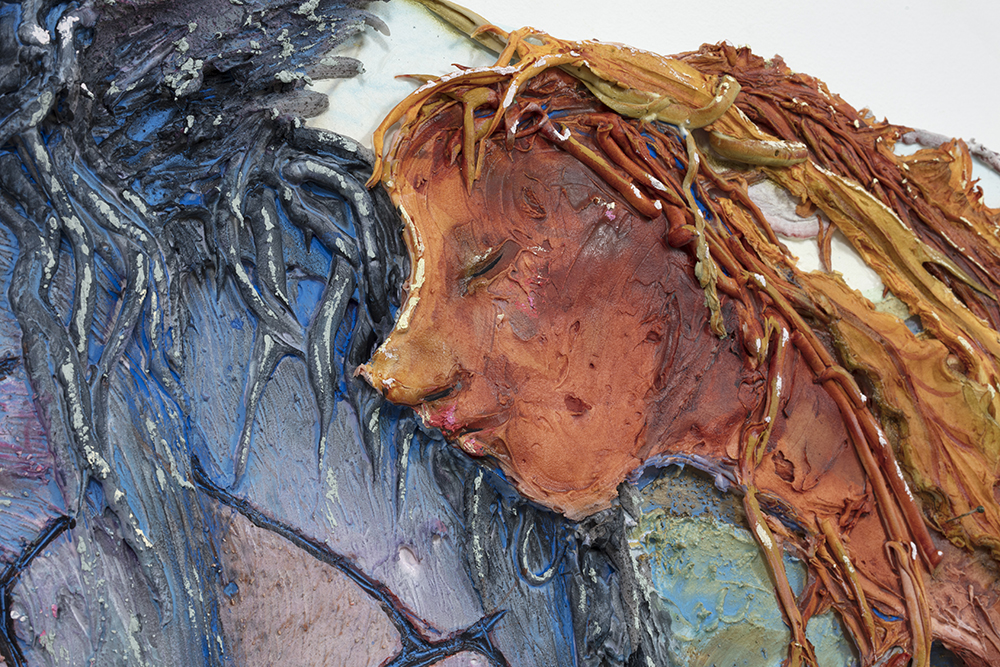 Kate Klingbeil. <em>Horse Girl And The Temptation of Stillness</em>, 2022. Acrylic, pigment, watercolor, vinyl paint, sand, pumice, glass, mica, rocks from Lake Michigan, paper clay, brick, found objects, shells and oil stick on canvas, 56 1/2 x 72 x 2 1/2 inches (143.5 x 182.9 x 6.4 cm) Detail