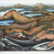 Kate Klingbeil. <em>Not My First Rodeo</em>, 2022. Acrylic, pigment, watercolor, vinyl paint, sand, pumice, rocks from Lake Michigan, saliva and oil stick on canvas, 59 1/4 x 85 x 2 inches (150.5 x 215.9 x 5.1 cm) thumbnail