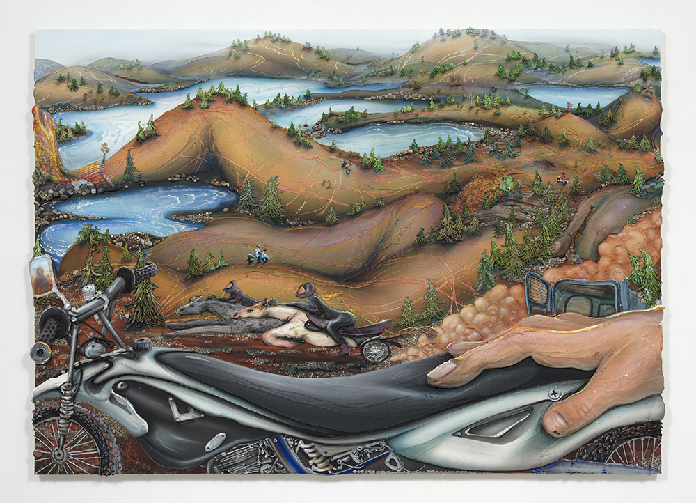 Kate Klingbeil. <em>Not My First Rodeo</em>, 2022. Acrylic, pigment, watercolor, vinyl paint, sand, pumice, rocks from Lake Michigan, saliva and oil stick on canvas, 59 1/4 x 85 x 2 inches (150.5 x 215.9 x 5.1 cm)