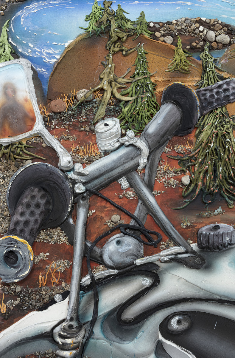 Kate Klingbeil. <em>Not My First Rodeo</em>, 2022. Acrylic, pigment, watercolor, vinyl paint, sand, pumice, rocks from Lake Michigan, saliva and oil stick on canvas, 59 1/4 x 85 x 2 inches (150.5 x 215.9 x 5.1 cm) Detail