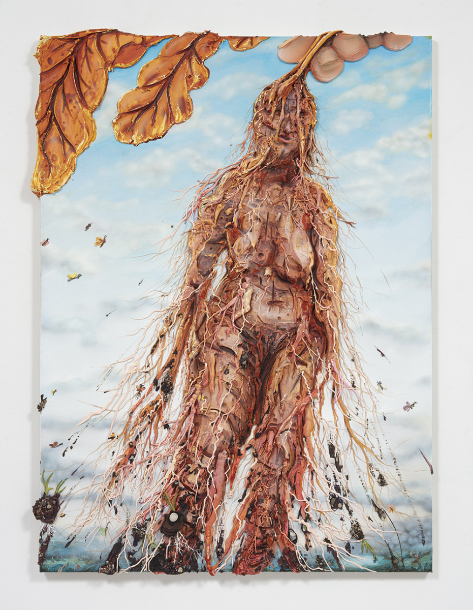 Kate Klingbeil. <em>Root Rot</em>, 2022. Acrylic, pigment, watercolor, vinyl paint, sand, rocks from Lake Michigan and Lake Charlevoix and oil stick on canvas, 60 x 44 x 2 inches (152.4 x 111.8 x 5.1 cm)