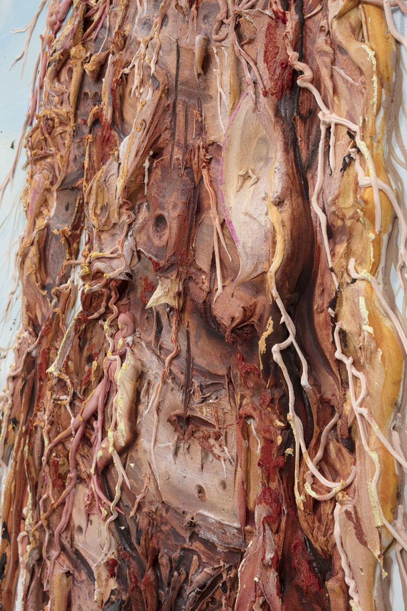 Kate Klingbeil. <em>Root Rot</em>, 2022. Acrylic, pigment, watercolor, vinyl paint, sand, rocks from Lake Michigan and Lake Charlevoix and oil stick on canvas, 60 x 44 x 2 inches (152.4 x 111.8 x 5.1 cm) Detail