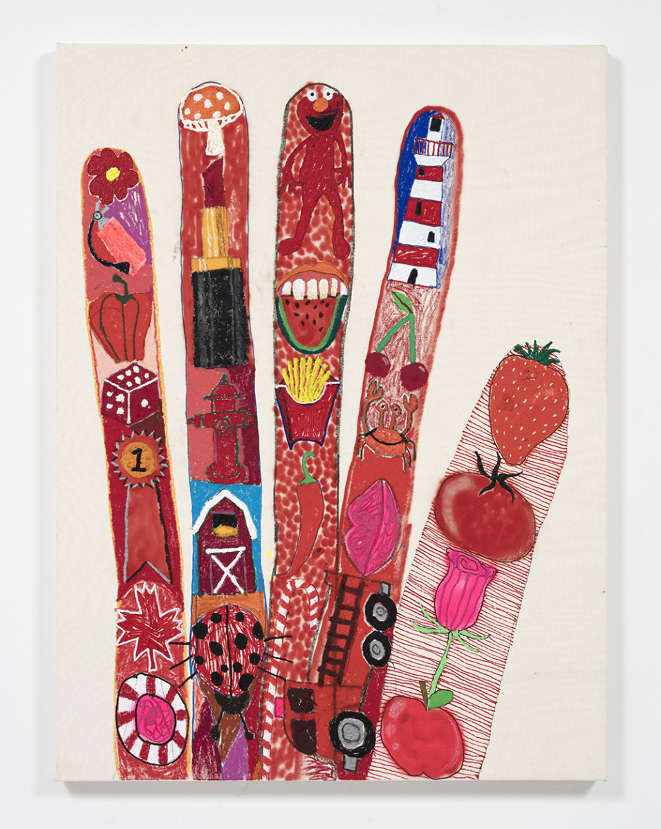 Michael Swaney. <em>Finger Family 80th</em>, 2022. Oil, oil bar, acrylic, spray paint, ball point pen, graphite and gouache on canvas, 47 1/2 x 35 1/2 inches (120.7 x 90.2 cm)