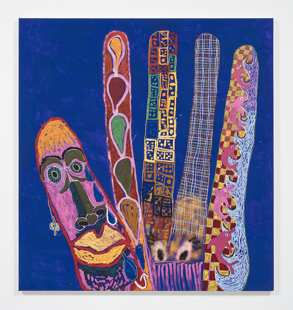 Michael Swaney. <em>Finger Family 82nd</em>, 2022. Oil, oil bar, acrylic, spray paint, ball point pen, graphite and gouache on canvas, 59 1/4 x 55 1/4 inches (150.5 x 140.3 cm)