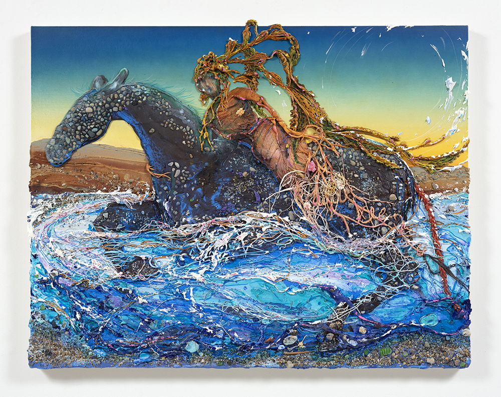 Kate Klingbeil. <em>Sea Witch</em>, 2022. Acrylic, flashe, pigment, watercolor, paperclay, pumice, rocks from Lake Michigan, pumice, seashells and oil stick on canvas, 36 1/2 x 46 x 2 1/2 inches (92.7 x 116.8 x 6.4 cm)