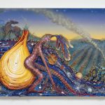Kate Klingbeil. <em>Sunion</em>, 2022. Acrylic, flashe, pigment, watercolor, mica, pumice, garnet, rocks from Lake Michigan and oil stick on canvas, 30 x 40 3/4 x 2 1/2 inches (76.2 x 103.5 x 6.4 cm)