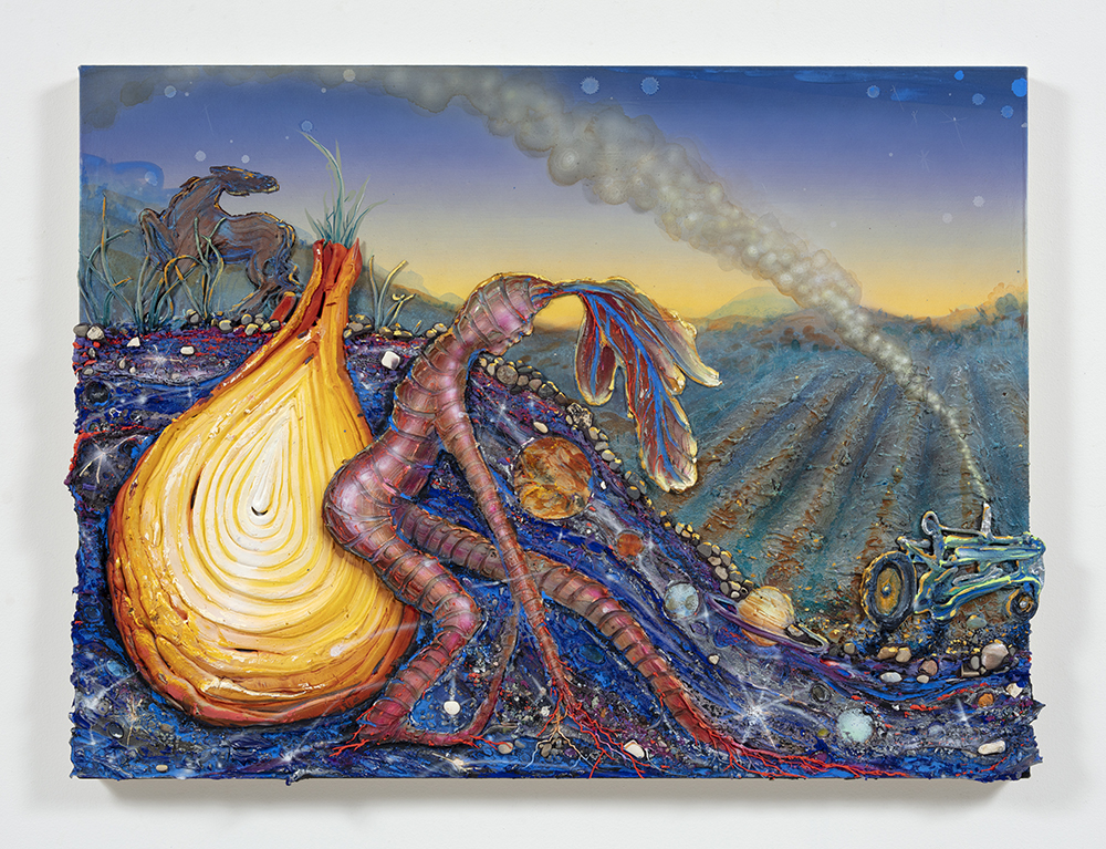 Kate Klingbeil. <em>Sunion</em>, 2022. Acrylic, flashe, pigment, watercolor, mica, pumice, garnet, rocks from Lake Michigan and oil stick on canvas, 30 x 40 3/4 x 2 1/2 inches (76.2 x 103.5 x 6.4 cm)