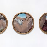 Natalia Gonzalez Martin. <em>Leda and The Swan in 3 Acts (The Great Wings / The Broken Wall / Terrified Fingers)</em>, 2022. Oil on panel with artist frame, Dimensions variable, each work is 19 5/8 x 19 5/8 inches (50 x 50 cm), Dimensions variable, each framed work is 21 5/8 x 21 5/8 inches (55 x 55 cm)