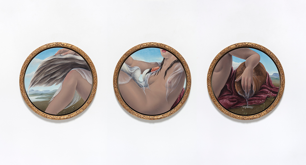 Natalia Gonzalez Martin. <em>Leda and The Swan in 3 Acts (The Great Wings / The Broken Wall / Terrified Fingers)</em>, 2022. Oil on panel with artist frame, Dimensions variable, each work is 19 5/8 x 19 5/8 inches (50 x 50 cm), Dimensions variable, each framed work is 21 5/8 x 21 5/8 inches (55 x 55 cm)