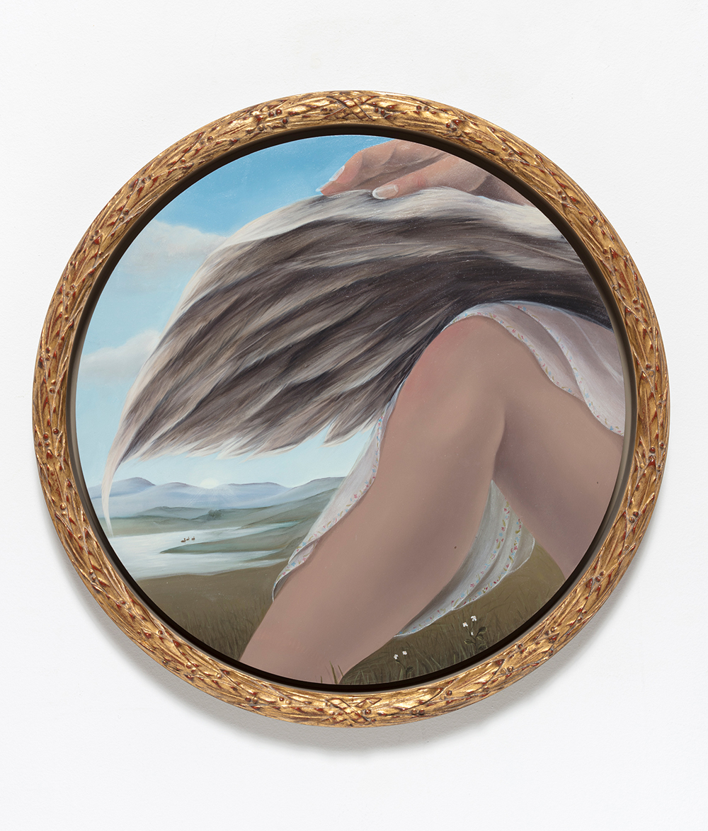Natalia Gonzalez Martin. <em>Leda and The Swan in 3 Acts (The Great Wings / The Broken Wall / Terrified Fingers)</em>, 2022. Oil on panel with artist frame, Dimensions variable, each work is 19 5/8 x 19 5/8 inches (50 x 50 cm) Detail
