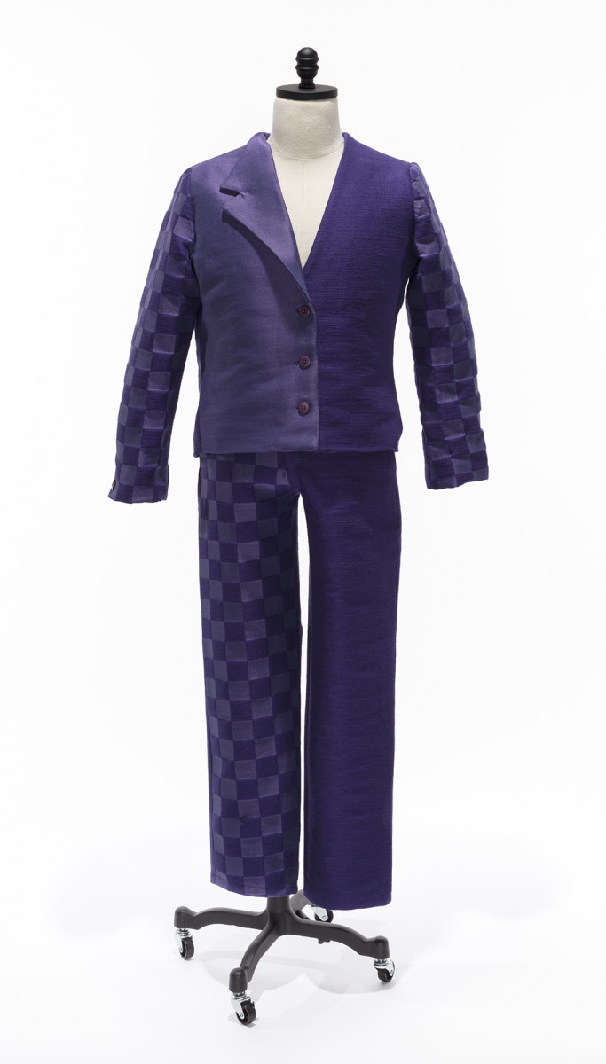 <em>Suit NO 3</em>, 2022. Jacquard woven wool and polyester, 55 x 23 x 9 inches (139.7 x 58.4 x 22.9 cm)