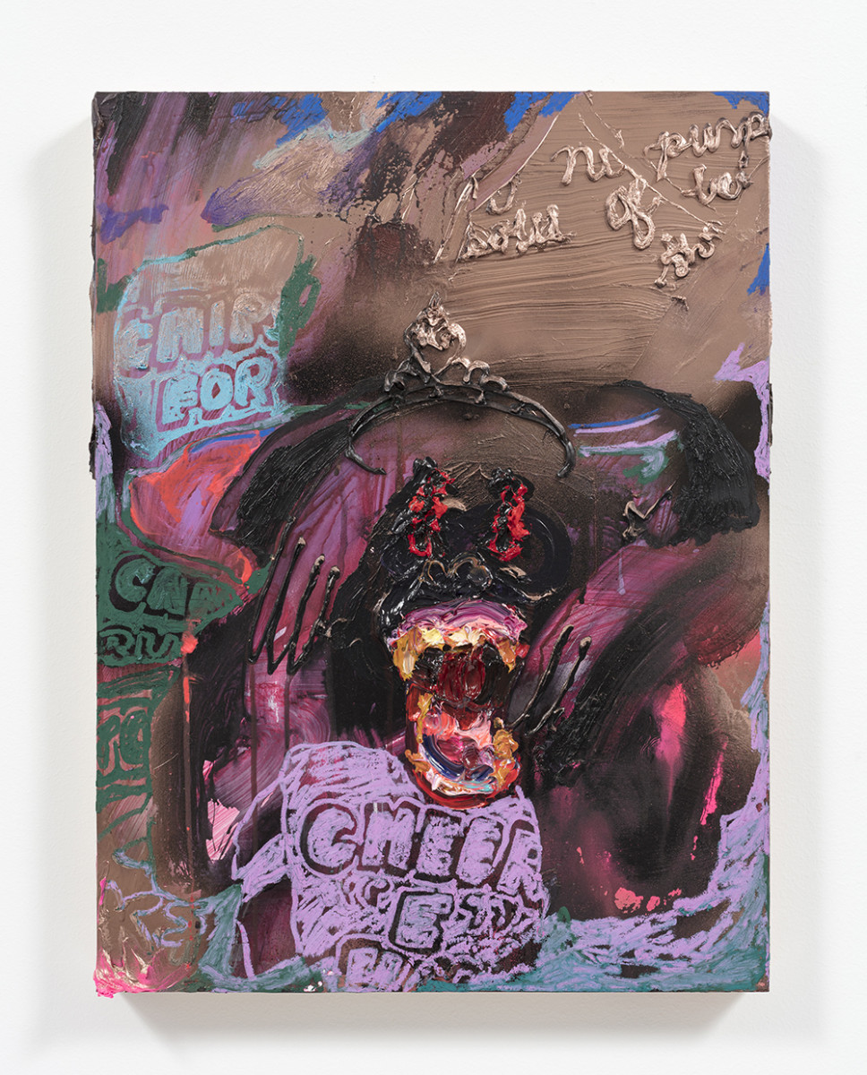 Bianca Fields. <em>Cheering Her</em>, 2022. Acrylic, oil and spray paint on yupo paper mounted on panel, 24 x 18 inches (61 x 45.7 cm)