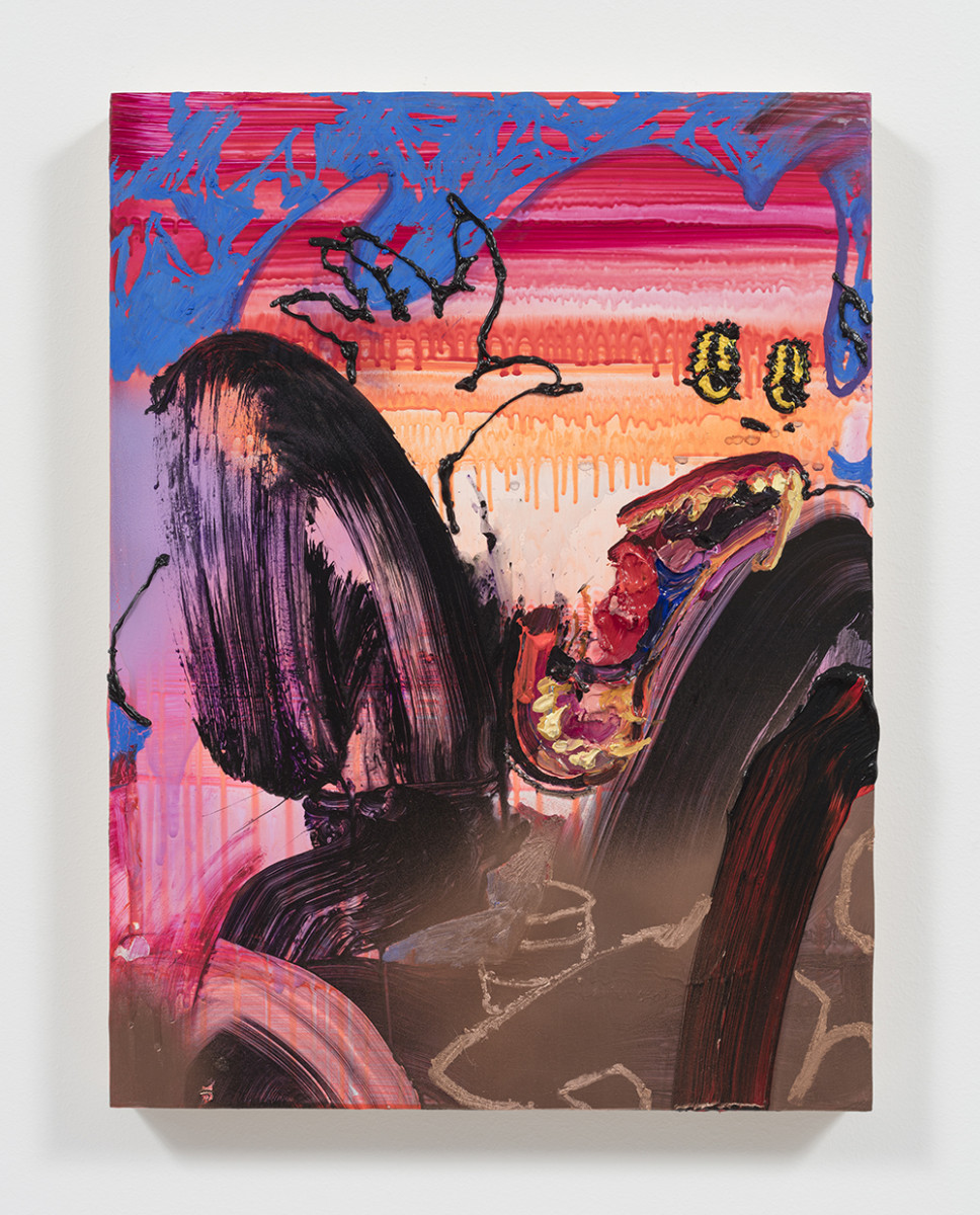 Bianca Fields. <em>She got Range</em>, 2022. Acrylic, oil and spray paint on yupo paper mounted on panel, 24 x 18 inches (61 x 45.7 cm)