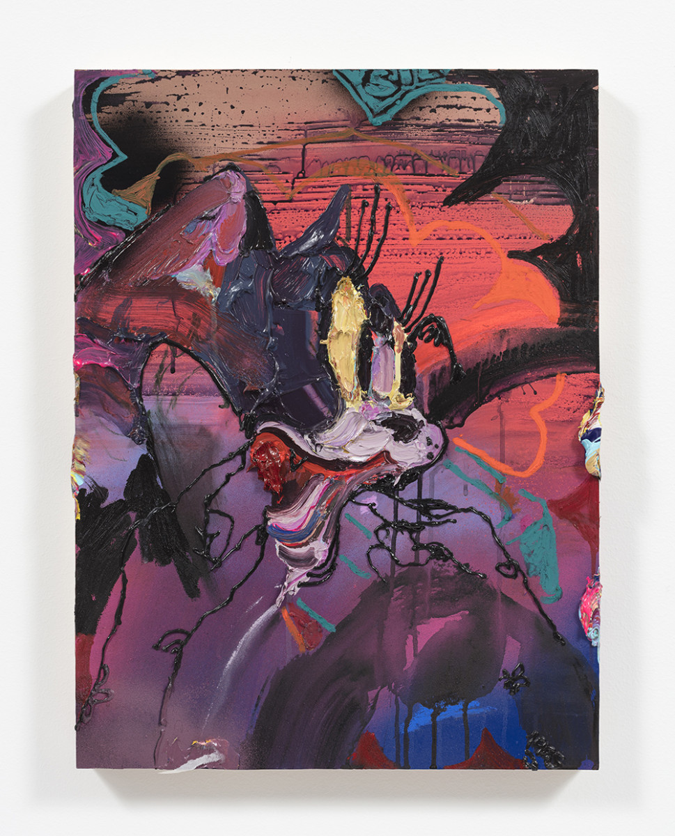Bianca Fields. <em>Mean mugging the Scrubs</em>, 2022. Acrylic, oil and spray paint on yupo paper mounted on panel, 24 x 18 inches (61 x 45.7 cm)